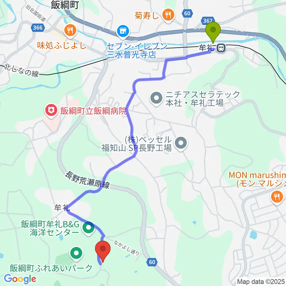 いいづな歴史ふれあい館の最寄駅牟礼駅からの徒歩ルート（約26分）地図