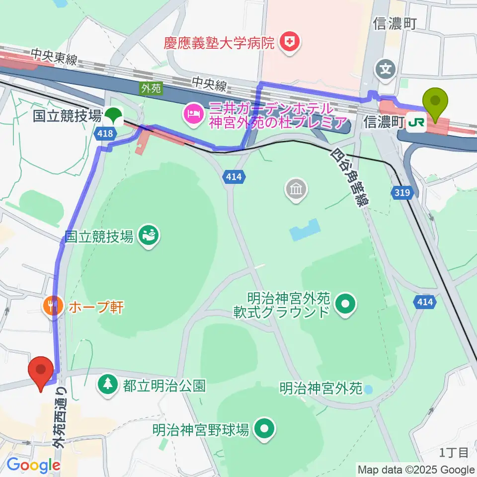 信濃町駅からVICTOR STUDIOへのルートマップ地図