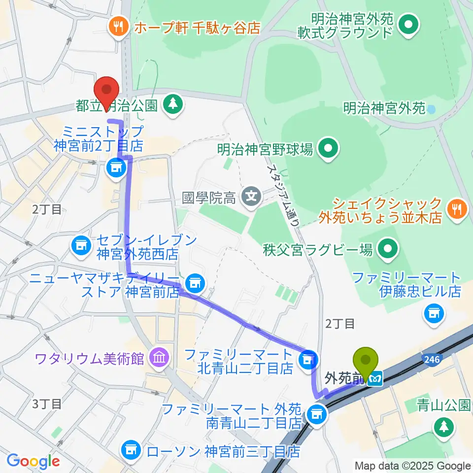 外苑前駅からVICTOR STUDIOへのルートマップ地図