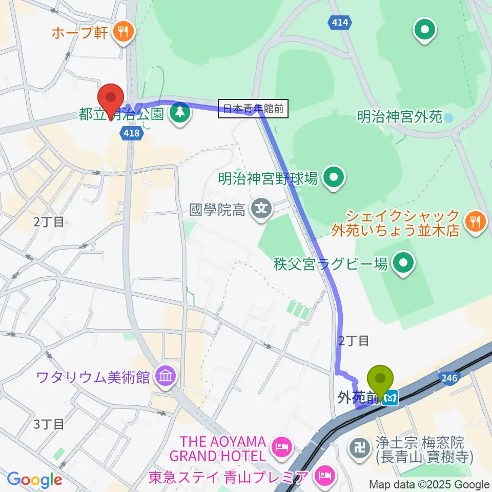 外苑前駅からVICTOR STUDIOへのルートマップ地図