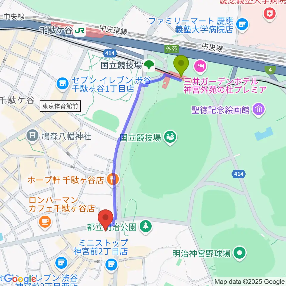 VICTOR STUDIOの最寄駅国立競技場駅からの徒歩ルート（約9分）地図