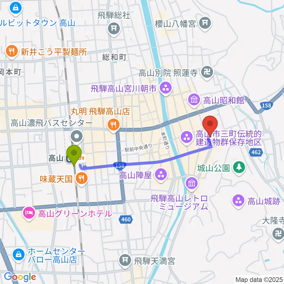 飛騨高山まちの博物館の最寄駅高山駅からの徒歩ルート（約15分）地図