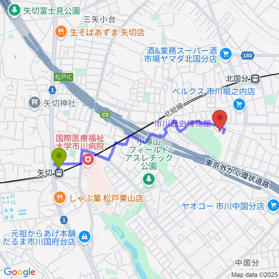 矢切駅から市立市川歴史博物館へのルートマップ地図