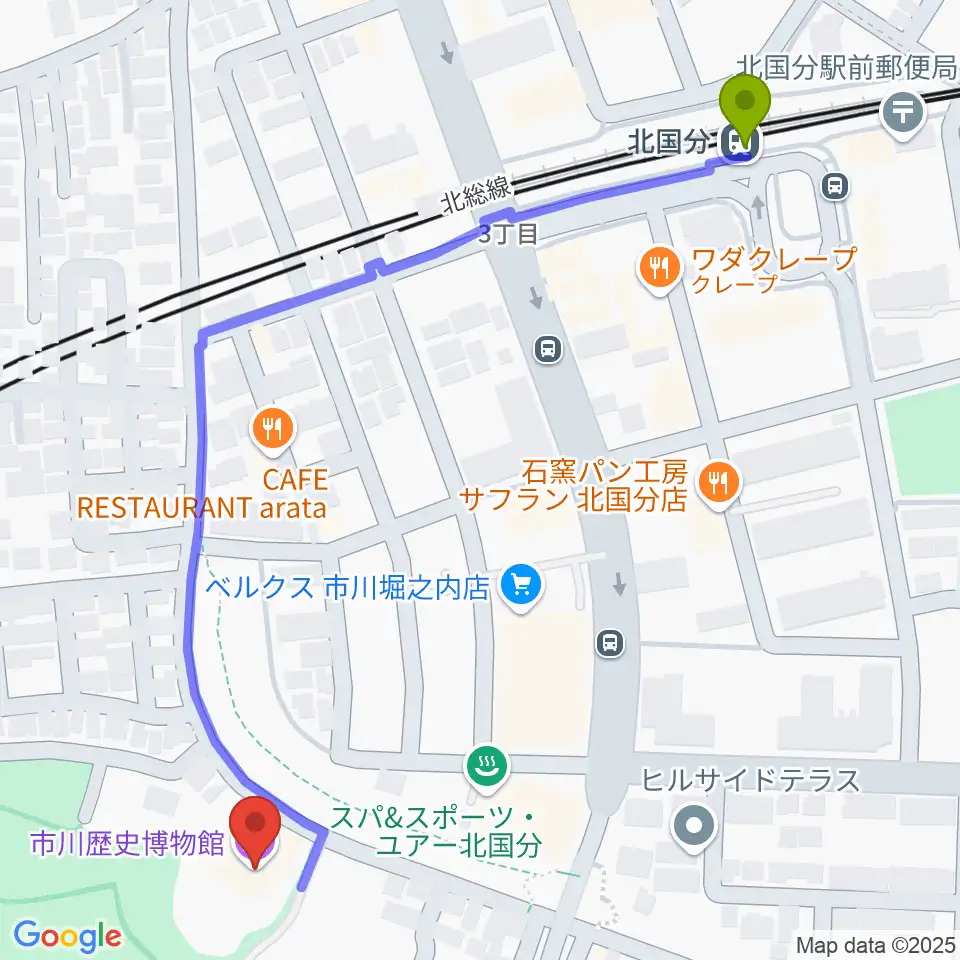 市立市川歴史博物館の最寄駅北国分駅からの徒歩ルート（約7分）地図