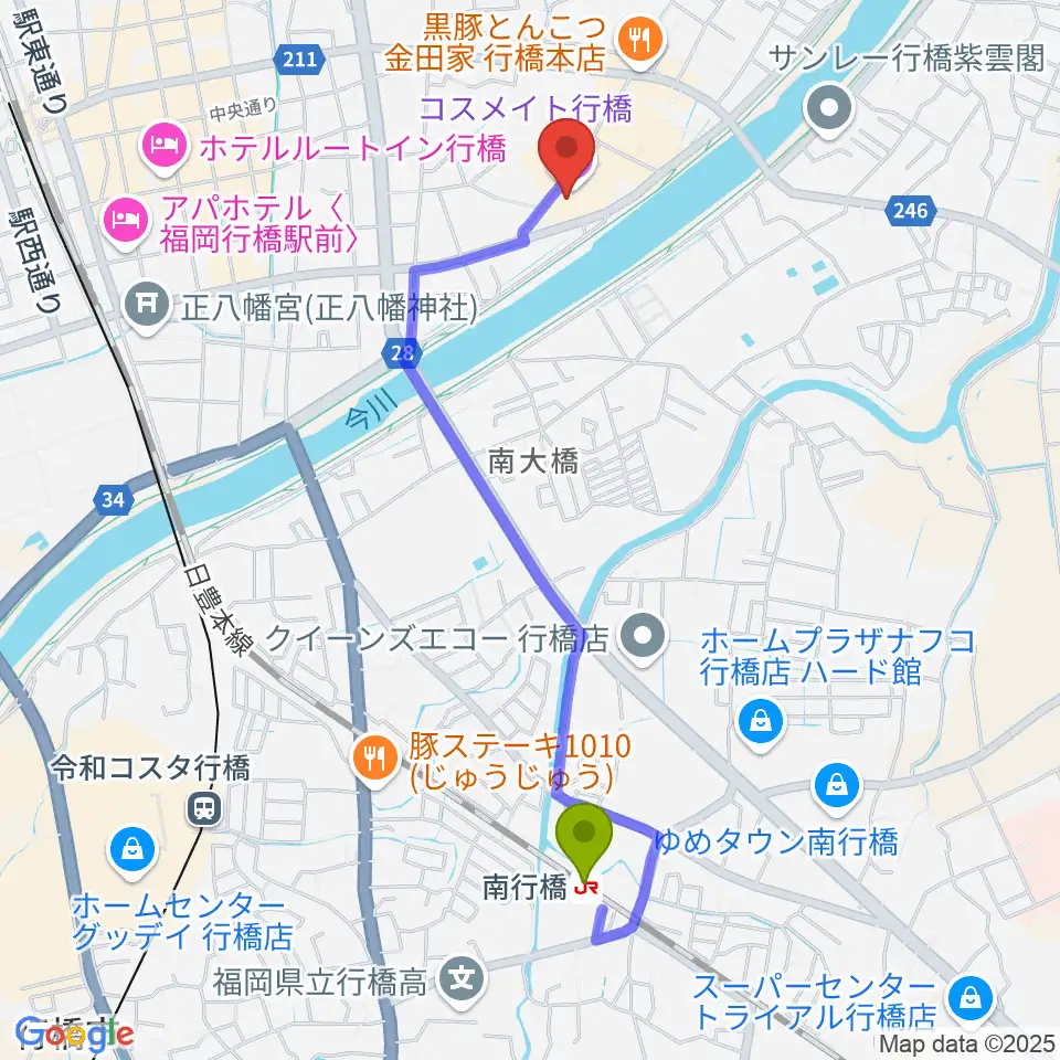 南行橋駅から行橋市歴史資料館へのルートマップ地図