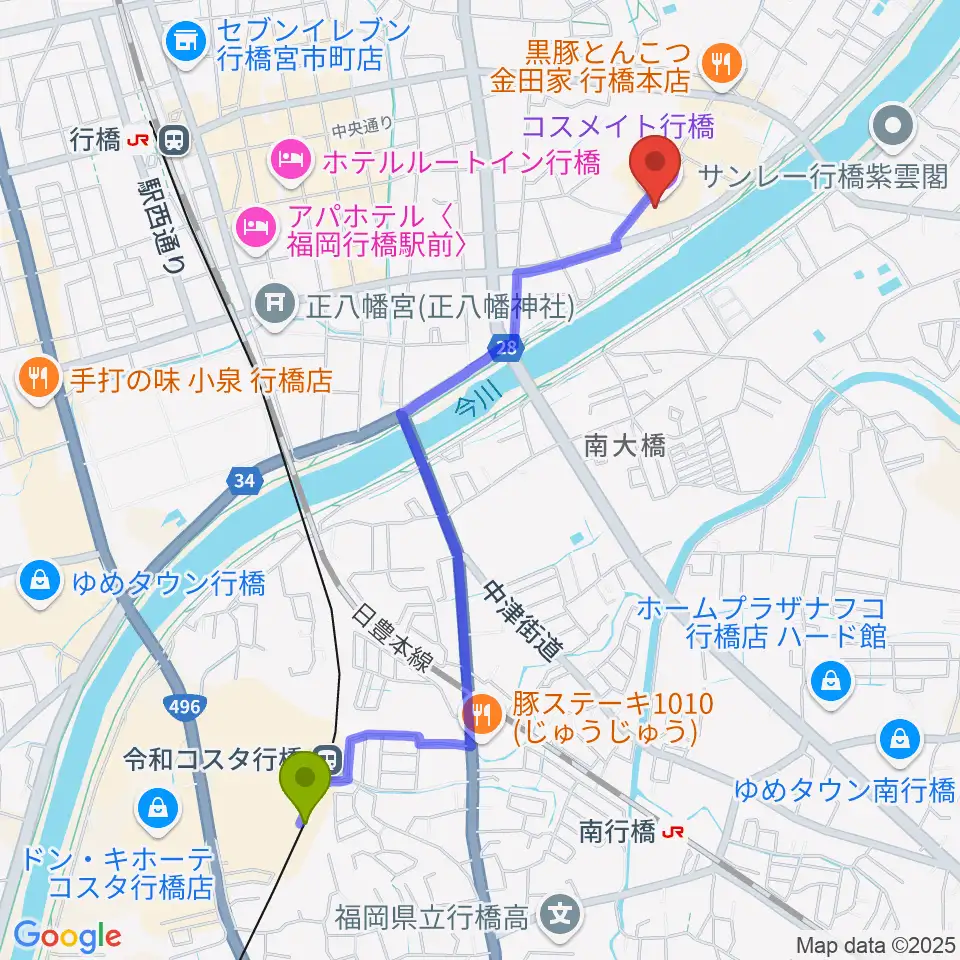 令和コスタ行橋駅から行橋市歴史資料館へのルートマップ地図