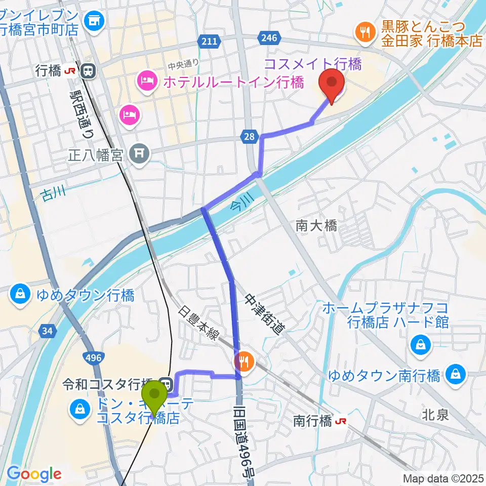 令和コスタ行橋駅から行橋市歴史資料館へのルートマップ地図