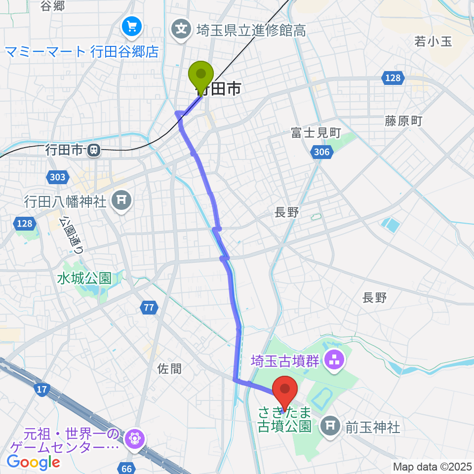 埼玉県立さきたま史跡の博物館の最寄駅東行田駅からの徒歩ルート（約42分）地図