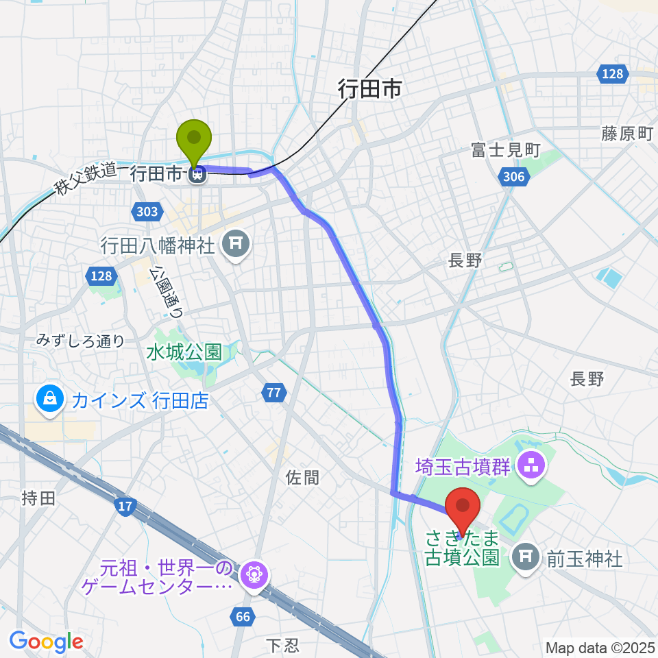 行田市駅から埼玉県立さきたま史跡の博物館へのルートマップ地図