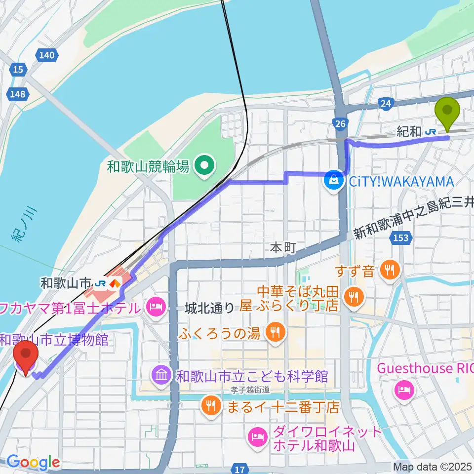 紀和駅から和歌山市立博物館へのルートマップ地図