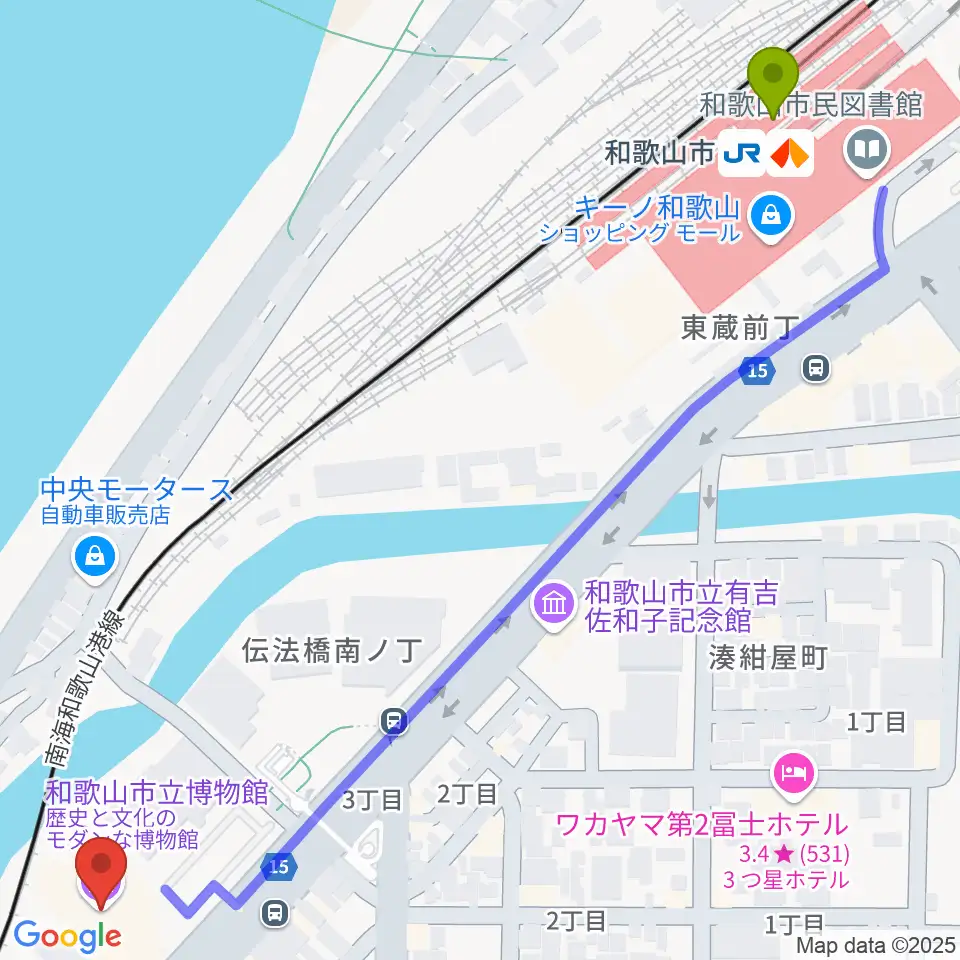 和歌山市立博物館の最寄駅和歌山市駅からの徒歩ルート（約9分）地図