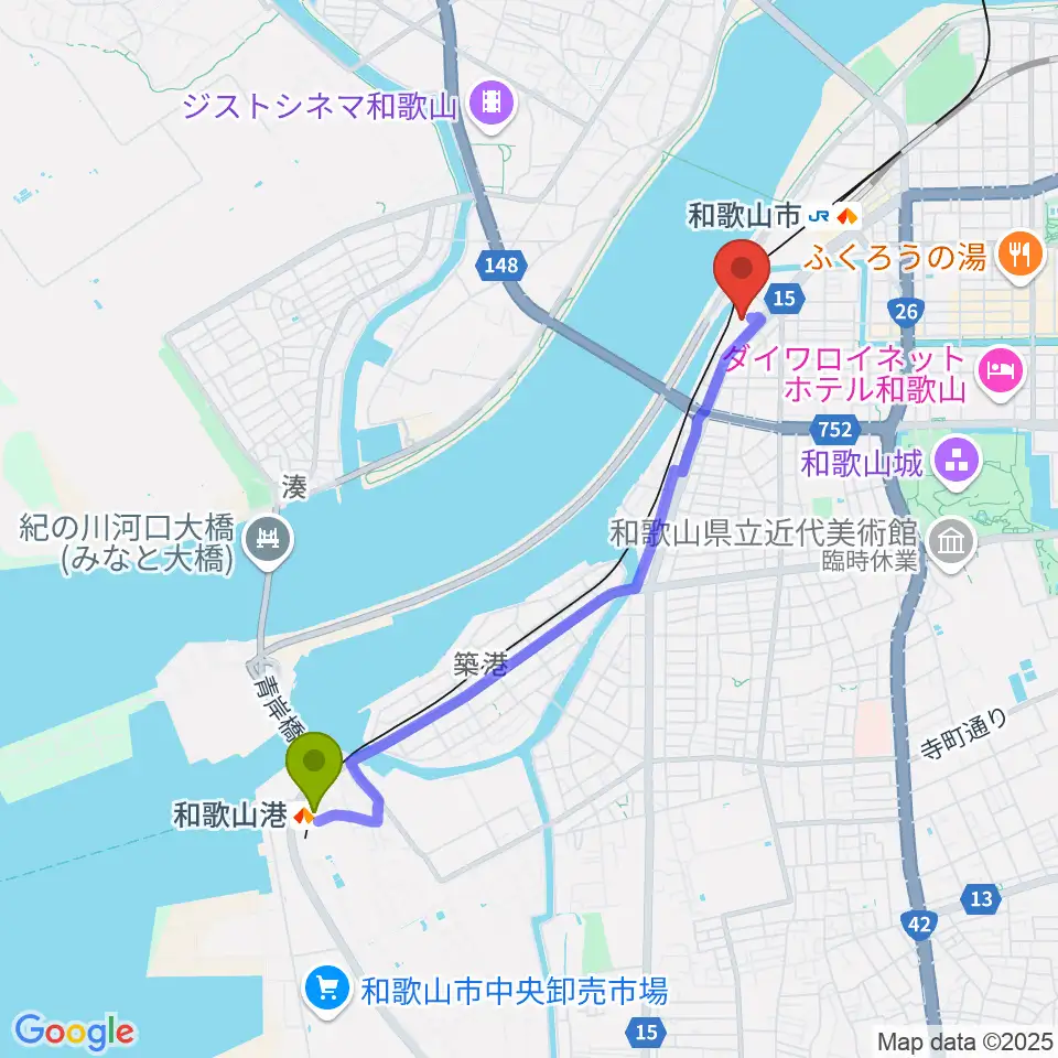 和歌山港駅から和歌山市立博物館へのルートマップ地図