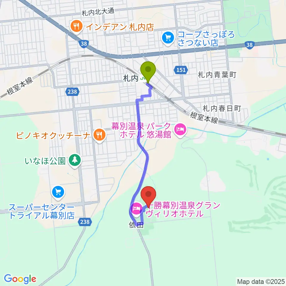 幕別町ふるさと館の最寄駅札内駅からの徒歩ルート（約24分）地図