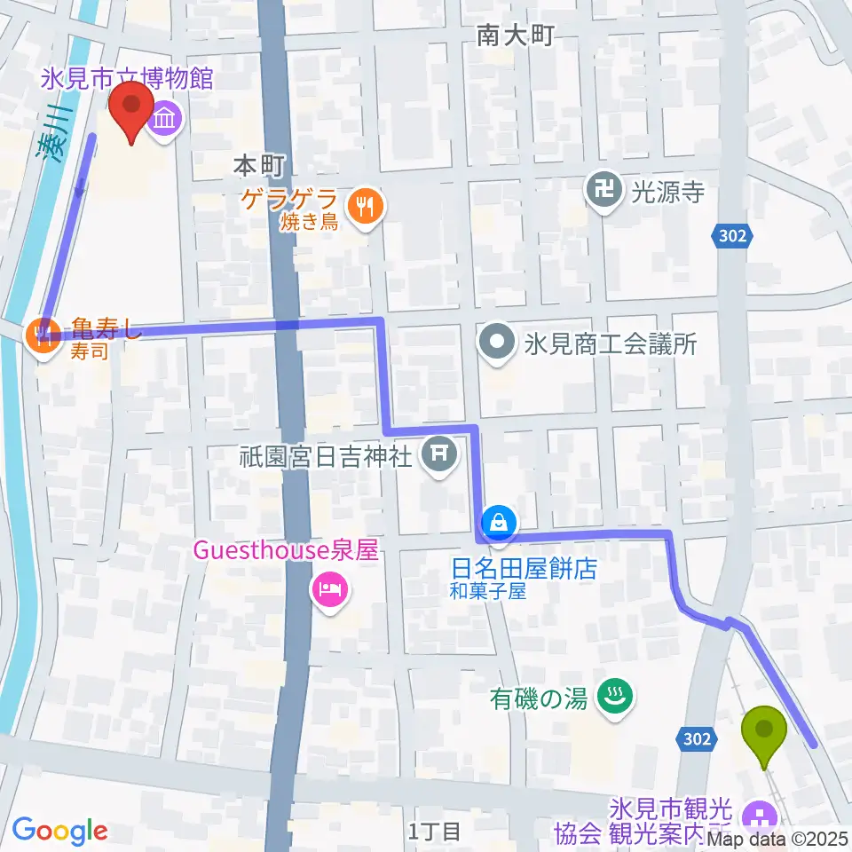 氷見市立博物館の最寄駅氷見駅からの徒歩ルート（約8分）地図