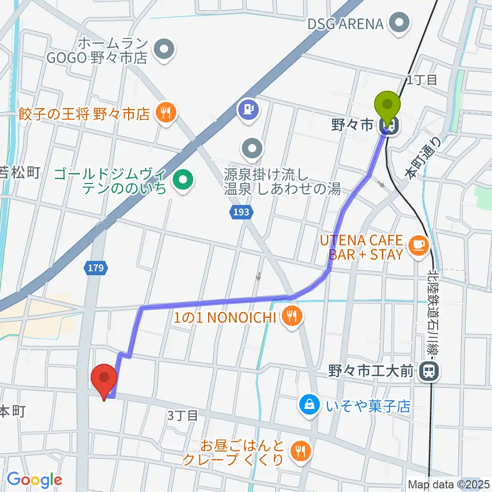 野々市駅から野々市市郷土資料館NONOへのルートマップ地図