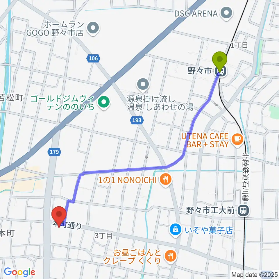 野々市駅から野々市市郷土資料館NONOへのルートマップ地図