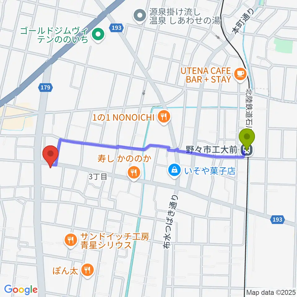 野々市市郷土資料館NONOの最寄駅野々市工大前駅からの徒歩ルート（約10分）地図