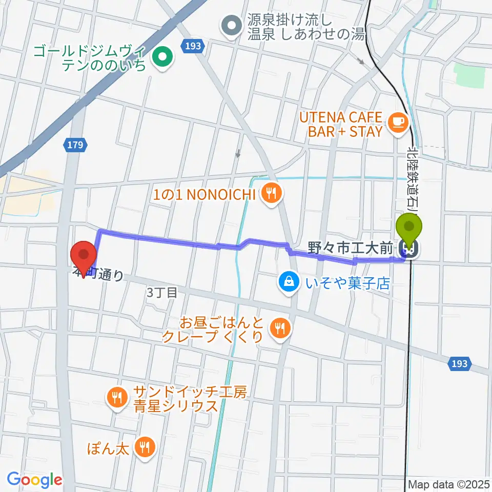 野々市市郷土資料館NONOの最寄駅野々市工大前駅からの徒歩ルート（約10分）地図