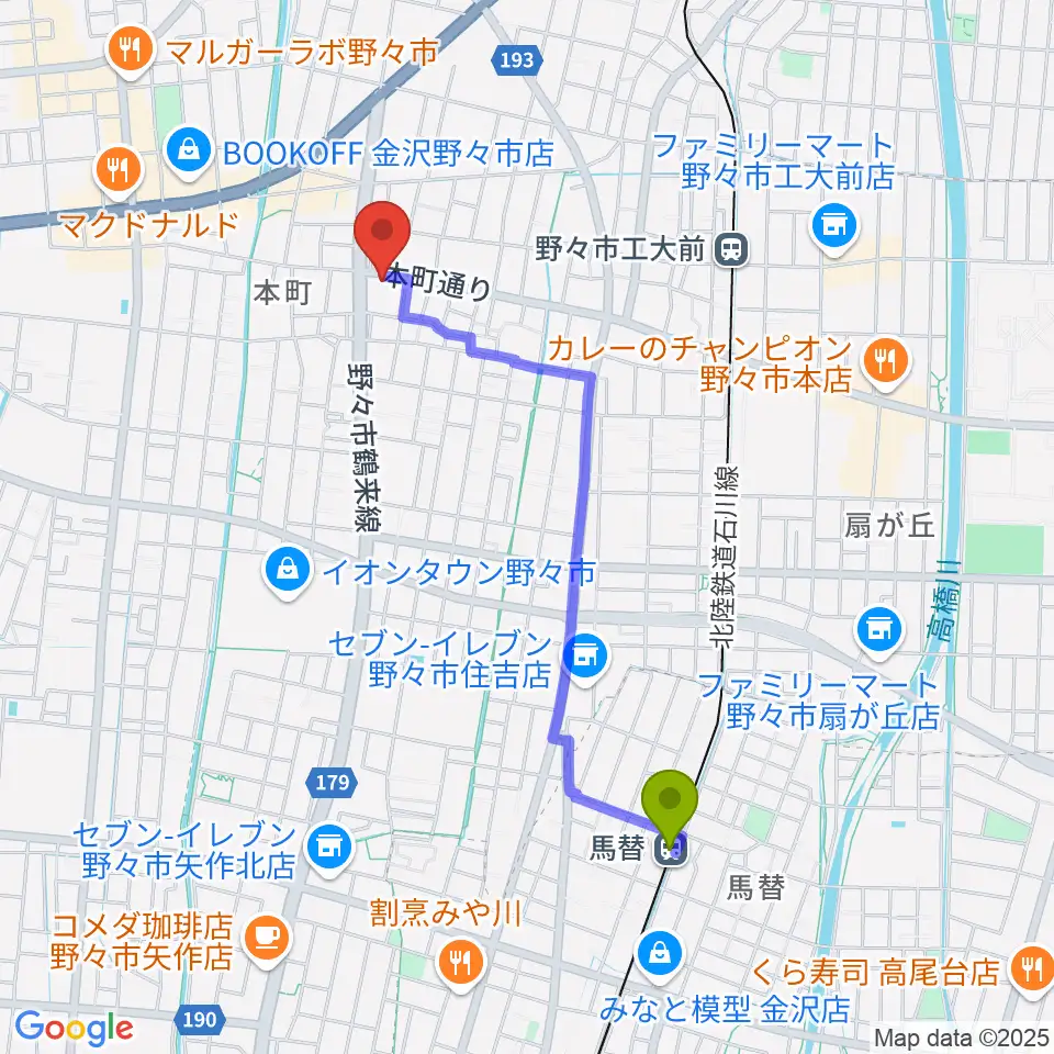 馬替駅から野々市市郷土資料館NONOへのルートマップ地図