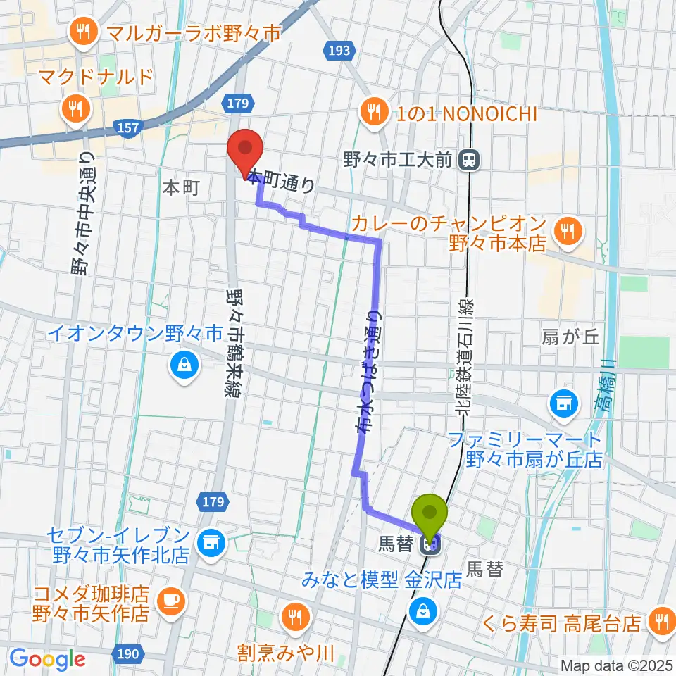 馬替駅から野々市市郷土資料館NONOへのルートマップ地図