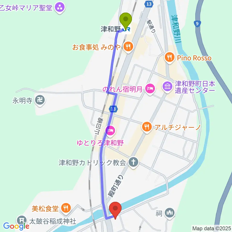 津和野町郷土館の最寄駅津和野駅からの徒歩ルート（約13分）地図