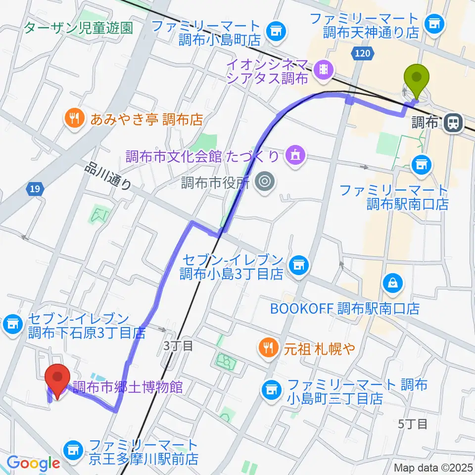 調布駅から調布市郷土博物館へのルートマップ地図