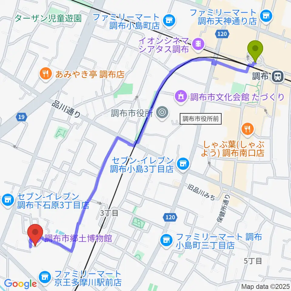 調布駅から調布市郷土博物館へのルートマップ地図