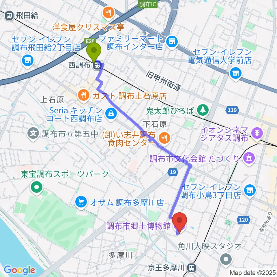 西調布駅から調布市郷土博物館へのルートマップ地図