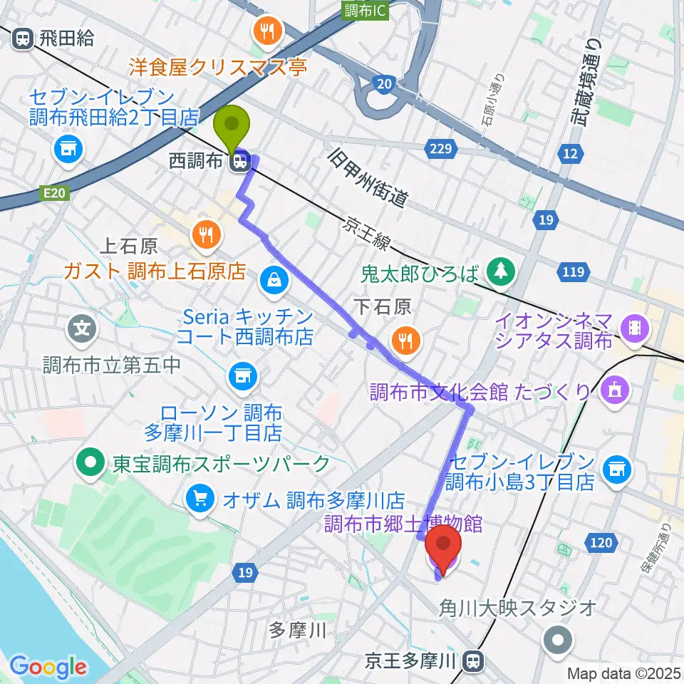 西調布駅から調布市郷土博物館へのルートマップ地図