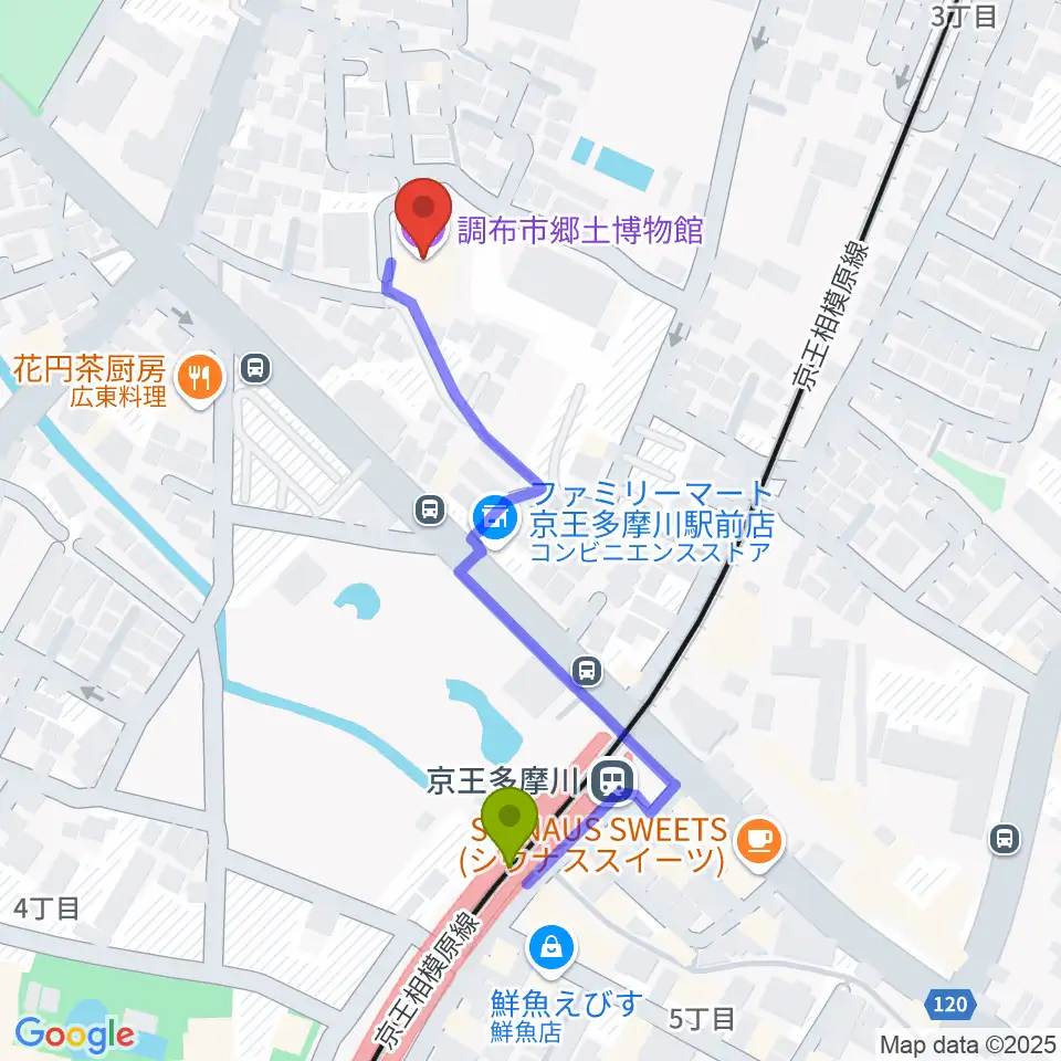 調布市郷土博物館の最寄駅京王多摩川駅からの徒歩ルート（約4分）地図