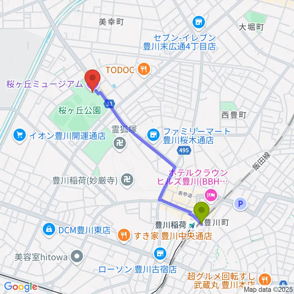 豊川市桜ヶ丘ミュージアムの最寄駅豊川駅からの徒歩ルート（約18分）地図