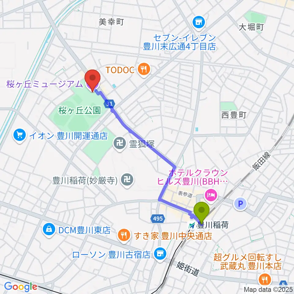 豊川市桜ヶ丘ミュージアムの最寄駅豊川駅からの徒歩ルート（約18分）地図