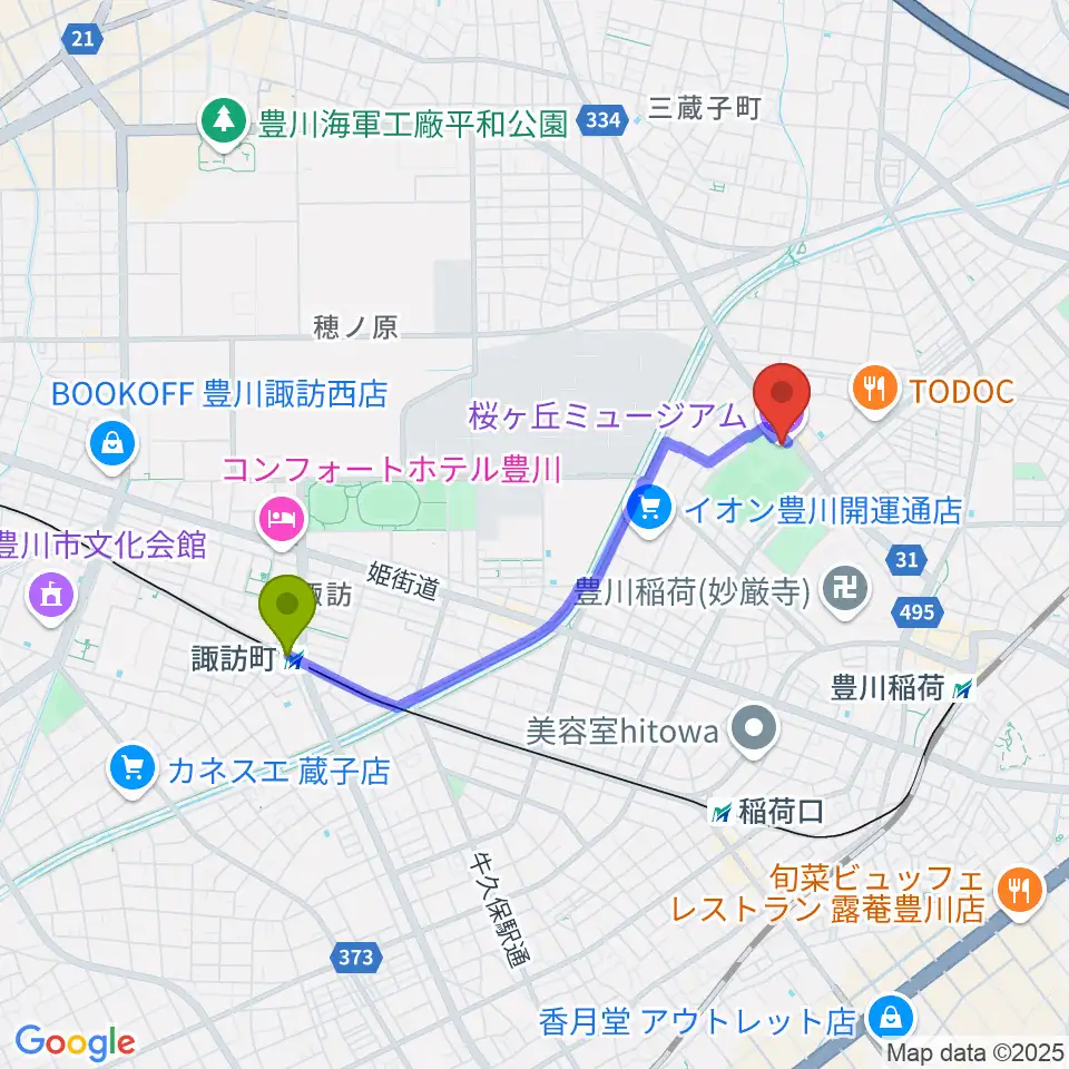 諏訪町駅から豊川市桜ヶ丘ミュージアムへのルートマップ地図