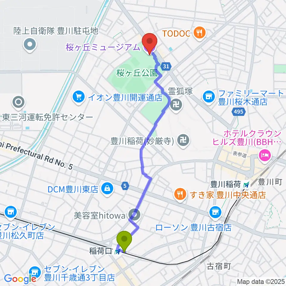 稲荷口駅から豊川市桜ヶ丘ミュージアムへのルートマップ地図