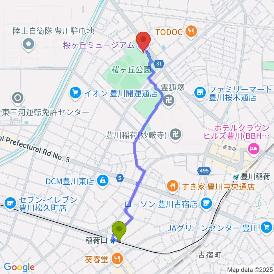 稲荷口駅から豊川市桜ヶ丘ミュージアムへのルートマップ地図