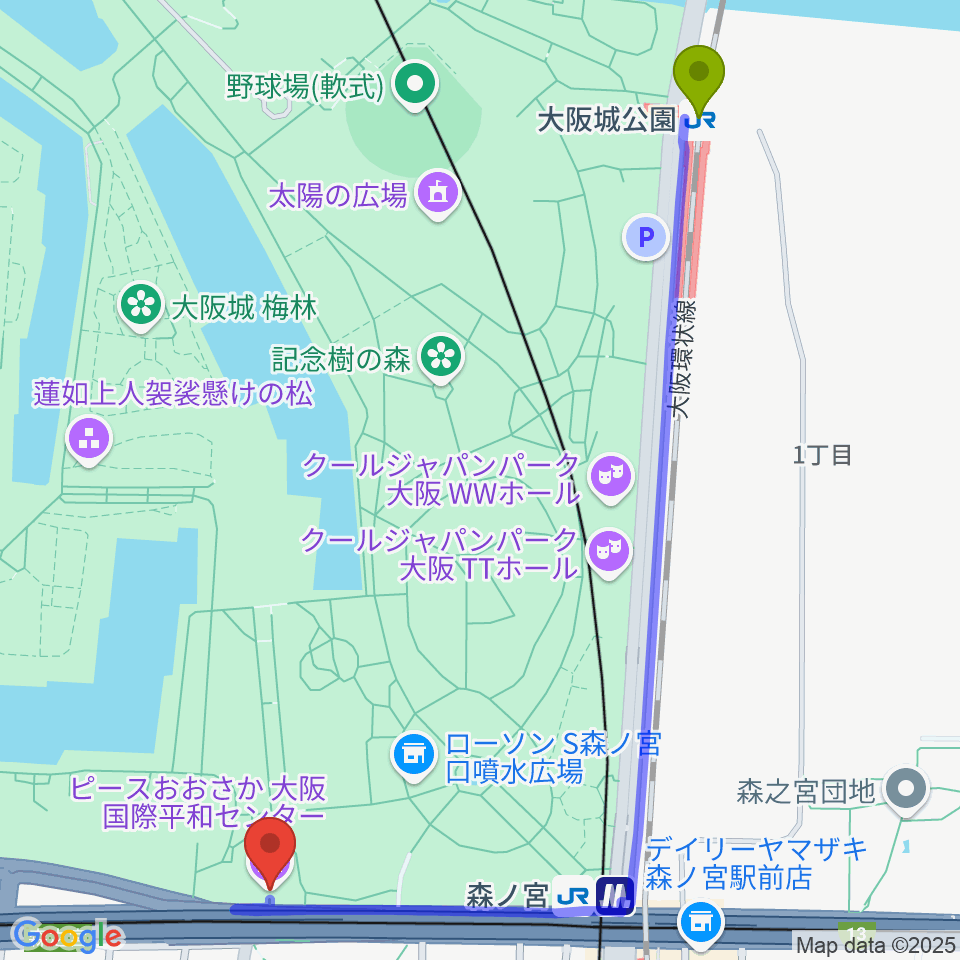 大阪城公園駅からピースおおさか 大阪国際平和センターへのルートマップ地図