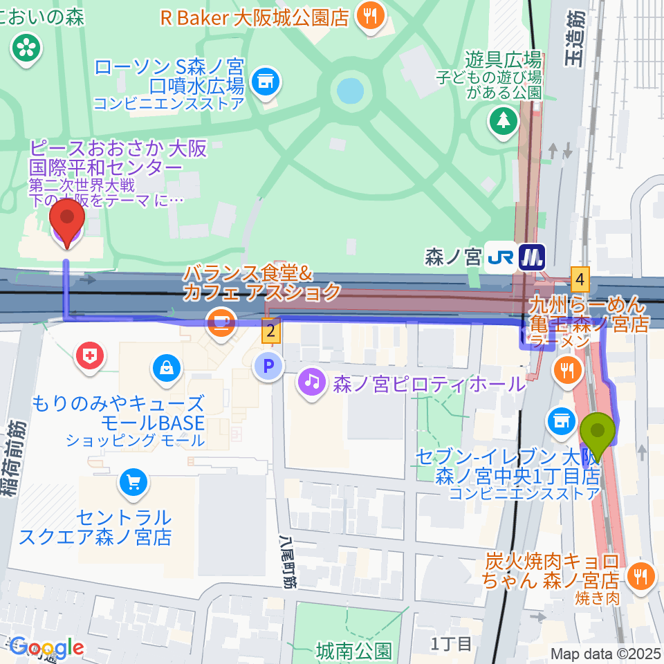 ピースおおさか 大阪国際平和センターの最寄駅森ノ宮駅からの徒歩ルート（約7分）地図