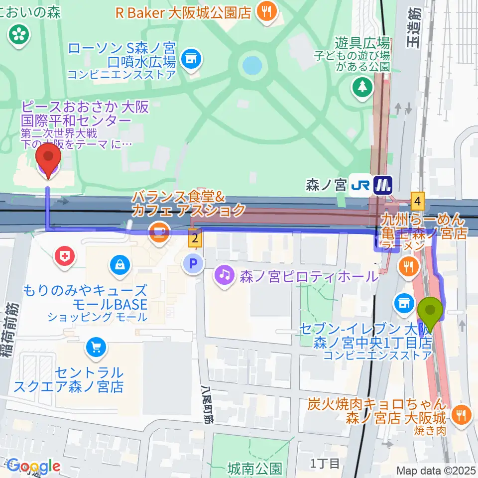 ピースおおさか 大阪国際平和センターの最寄駅森ノ宮駅からの徒歩ルート（約7分）地図