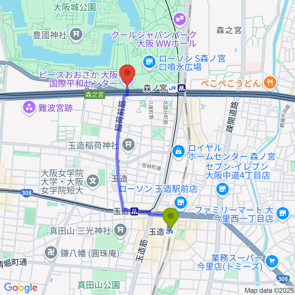 玉造駅からピースおおさか 大阪国際平和センターへのルートマップ地図