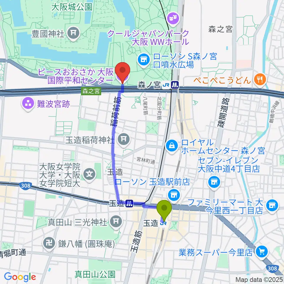 玉造駅からピースおおさか 大阪国際平和センターへのルートマップ地図