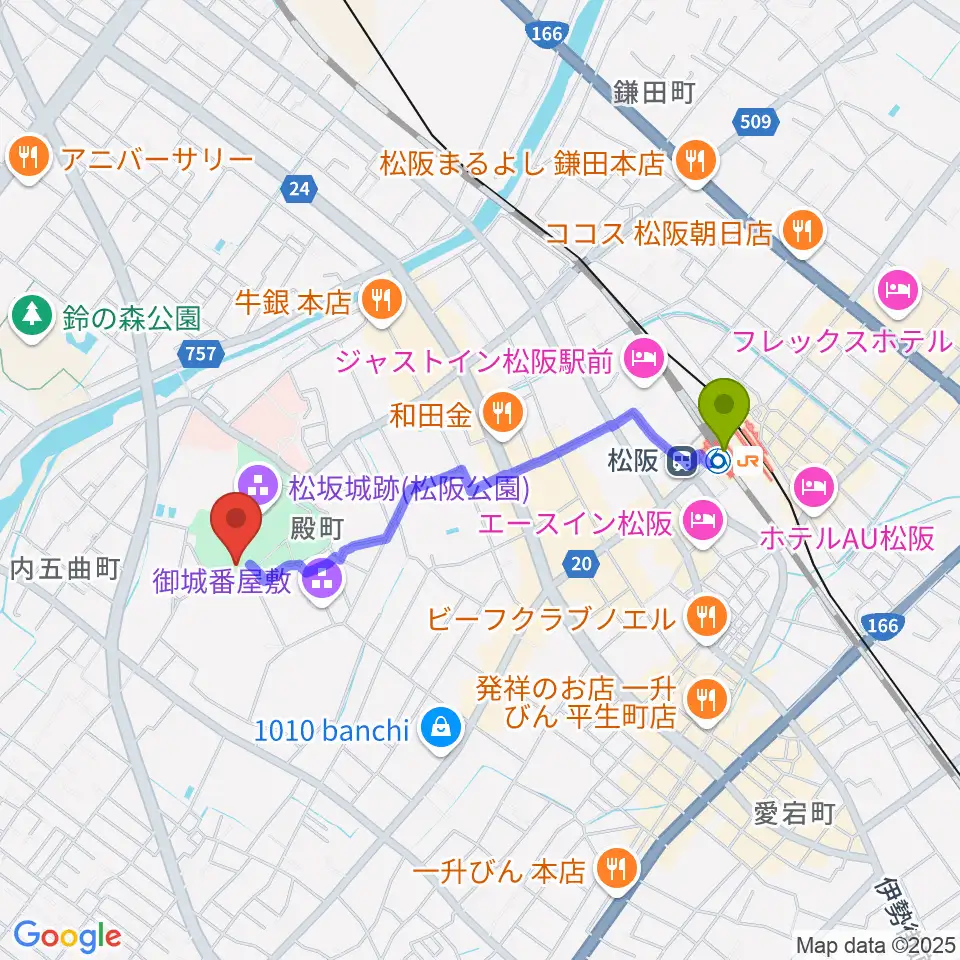 本居宣長記念館の最寄駅松阪駅からの徒歩ルート（約16分）地図