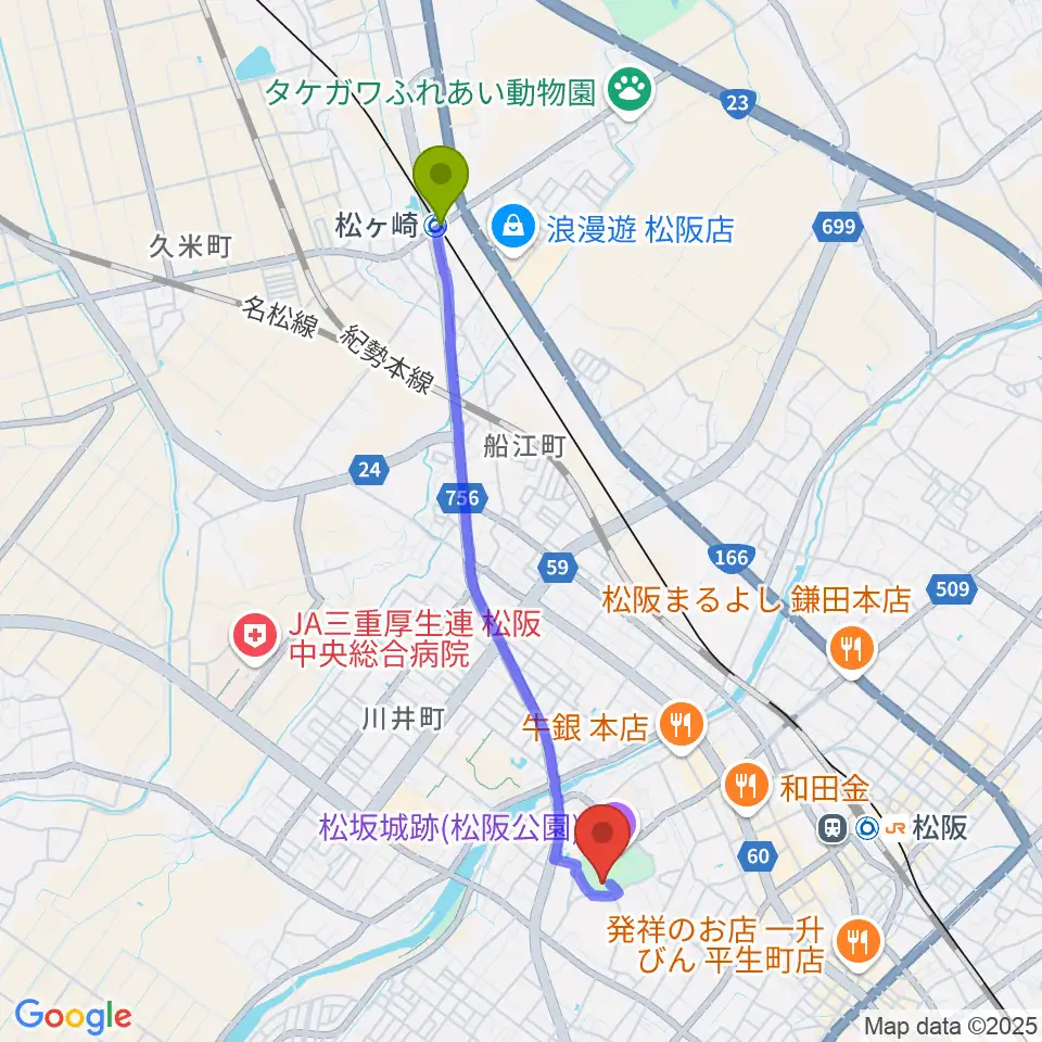 松ヶ崎駅から本居宣長記念館へのルートマップ地図