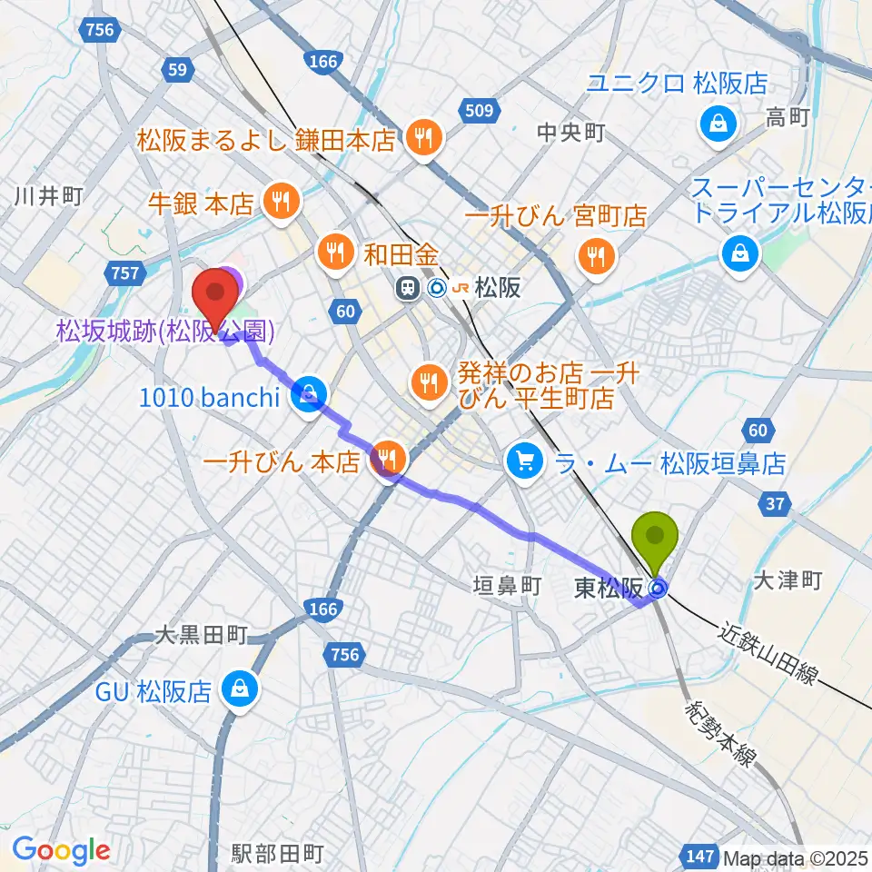 東松阪駅から本居宣長記念館へのルートマップ地図