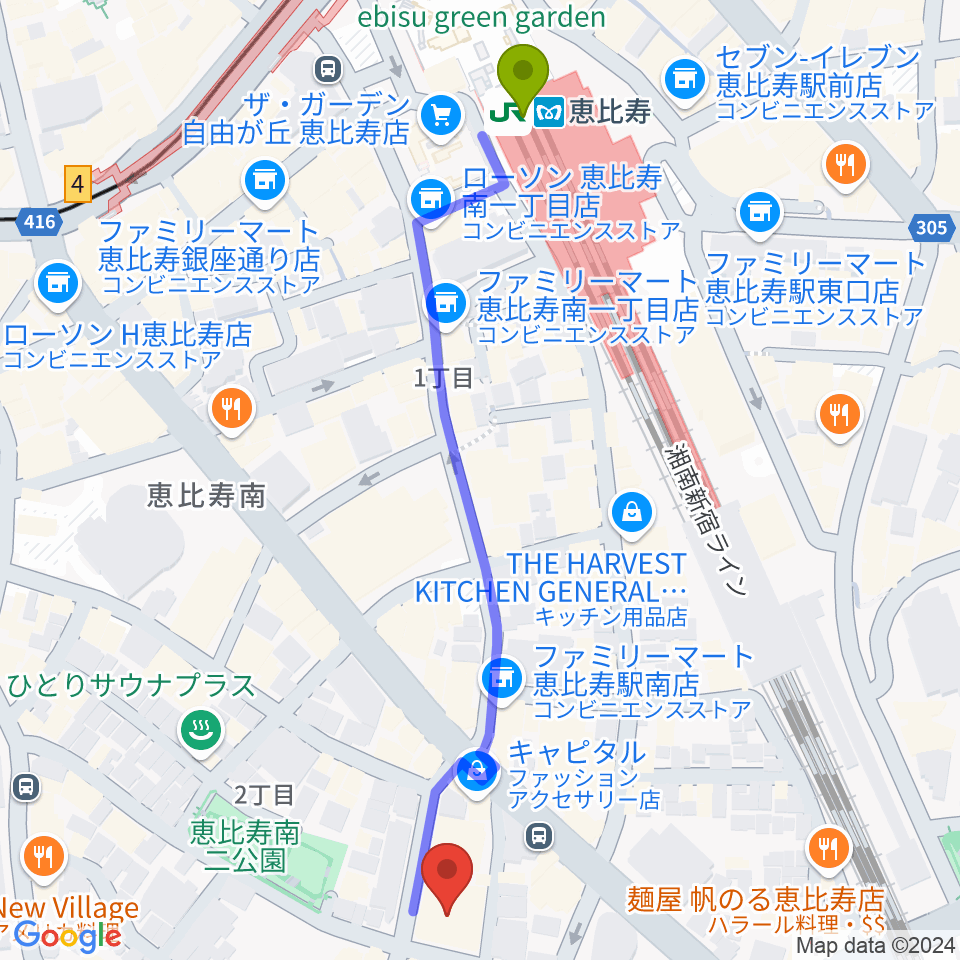 ABSレコーディングスタジオの最寄駅恵比寿駅からの徒歩ルート（約6分）地図