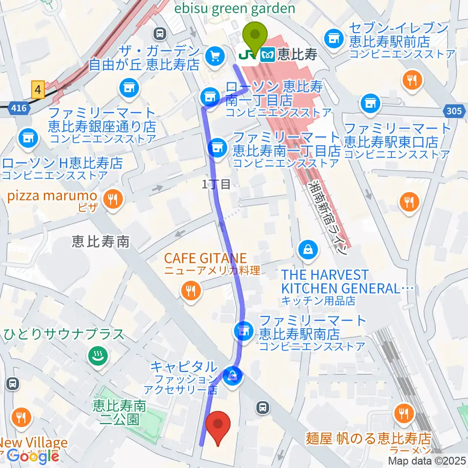 ABSレコーディングスタジオの最寄駅恵比寿駅からの徒歩ルート（約6分）地図