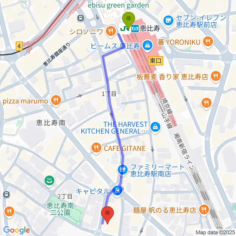 バーディハウス ABSスタジオの最寄駅恵比寿駅からの徒歩ルート（約6分）地図