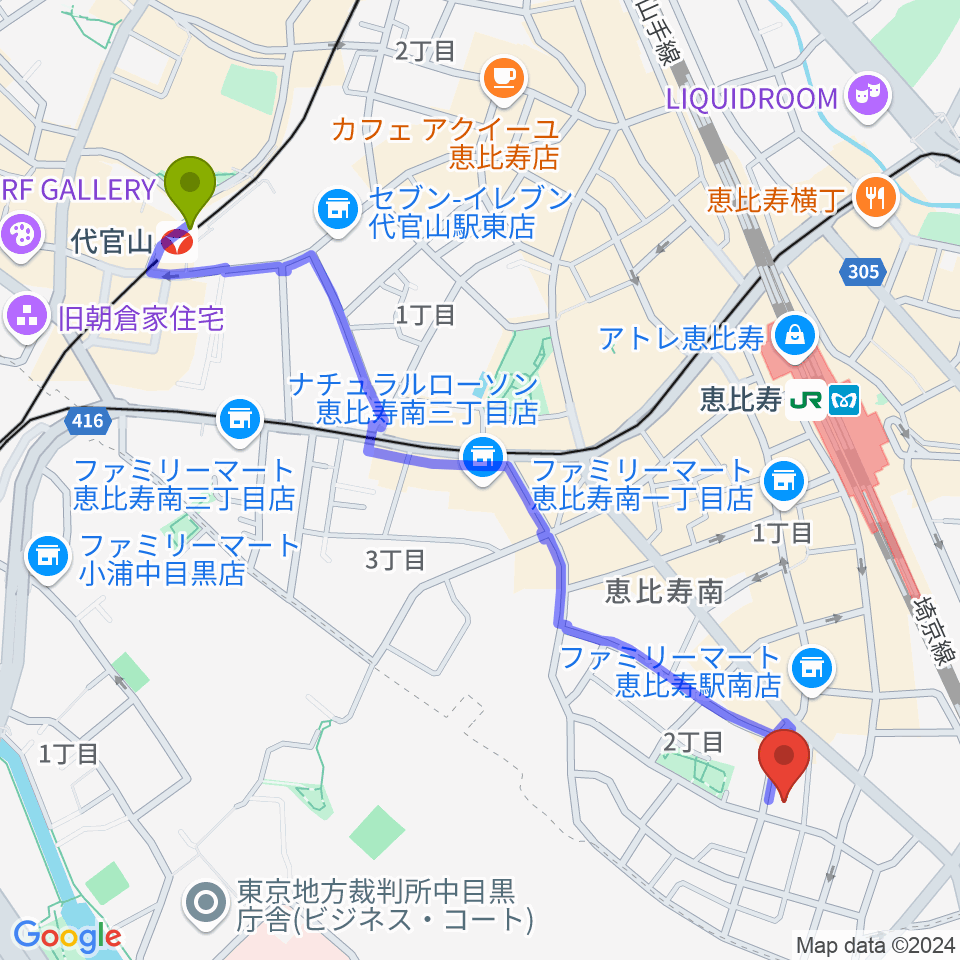 代官山駅からABSレコーディングスタジオへのルートマップ地図