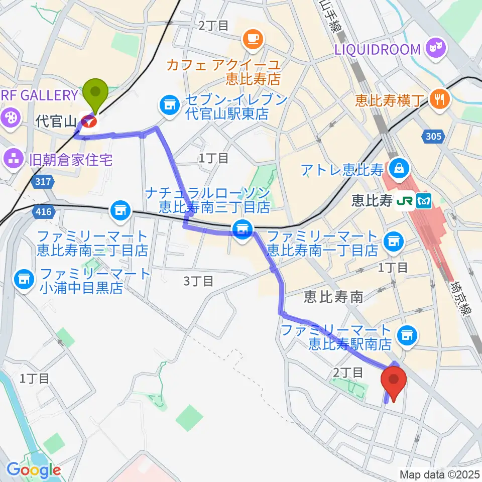 代官山駅からABSレコーディングスタジオへのルートマップ地図