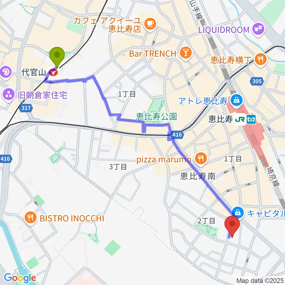 代官山駅からバーディハウス ABSスタジオへのルートマップ地図
