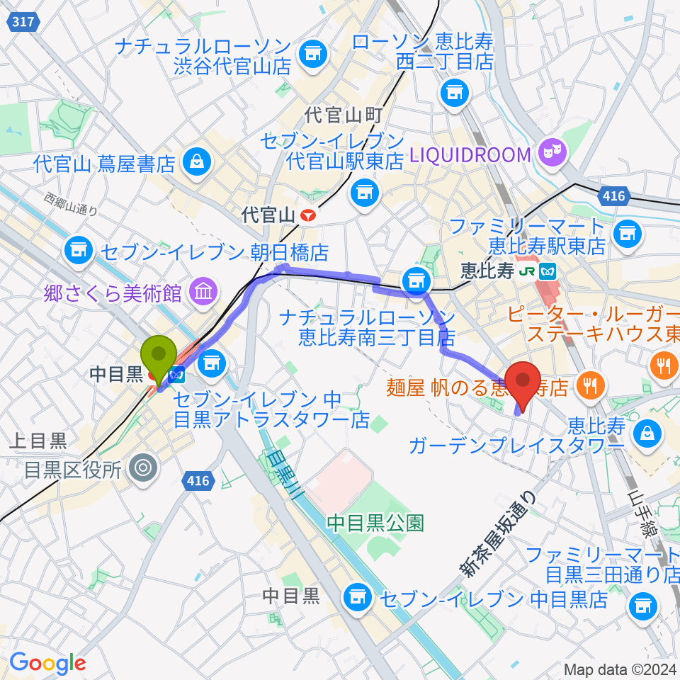 中目黒駅からABSレコーディングスタジオへのルートマップ地図